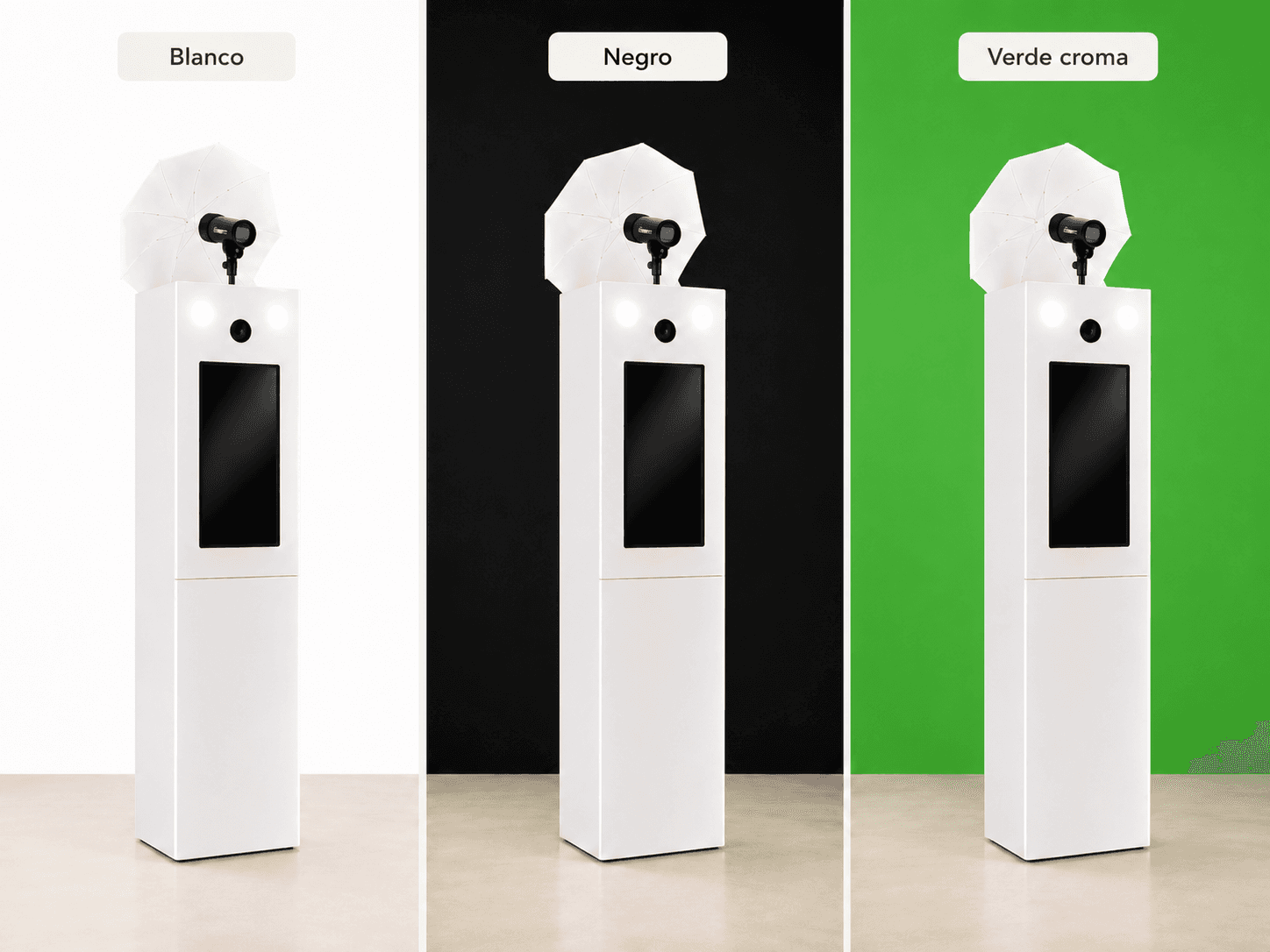 Ejemplos de fondos blanco, negro y verde croma para un fotomatón