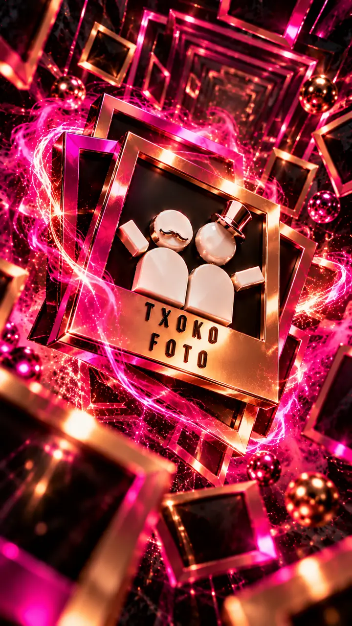 TxokoFoto logo illustration with gold photo frames and fuchsia effects 1