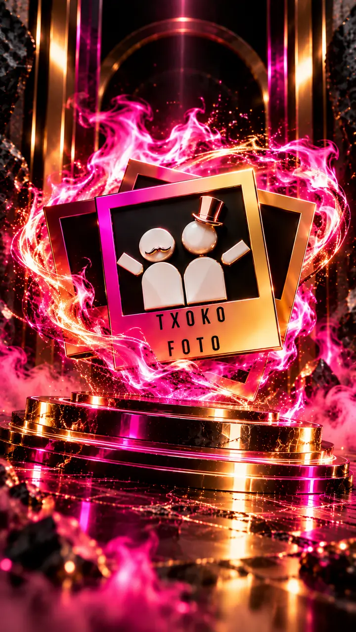TxokoFoto logo illustration with gold photo frames and fuchsia effects 2
