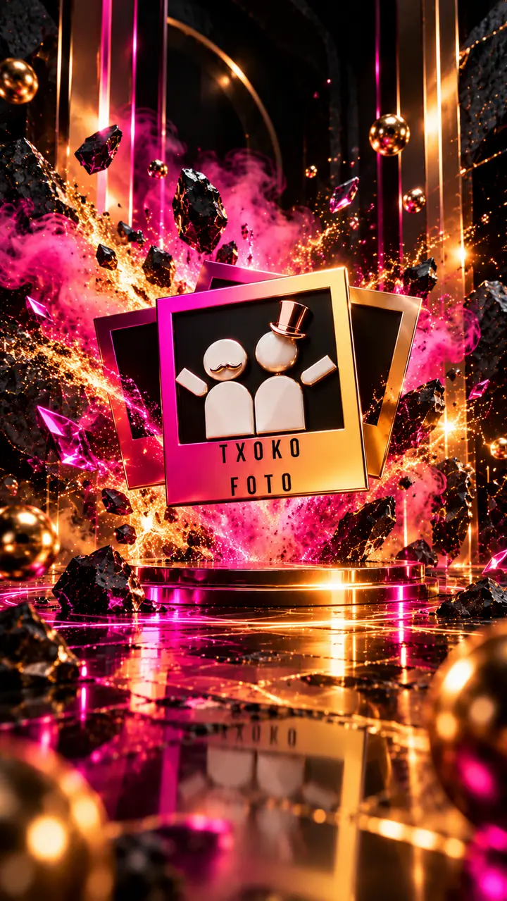 TxokoFoto logo illustration with gold photo frames and fuchsia effects 3