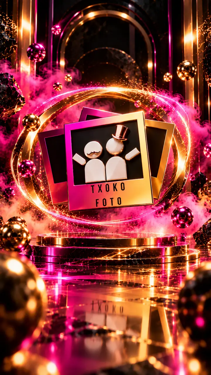 TxokoFoto logo illustration with gold photo frames and fuchsia effects 5