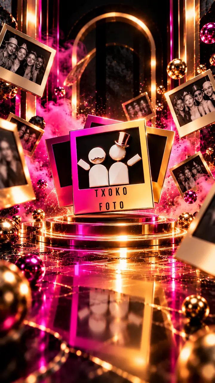 TxokoFoto logo illustration with gold photo frames and fuchsia effects
