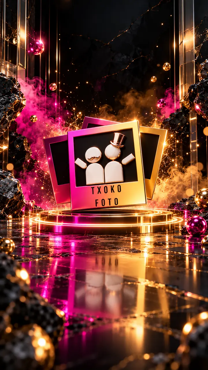 TxokoFoto logo illustration with gold photo frames and fuchsia effects 7