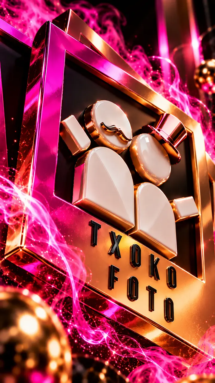 TxokoFoto logo illustration with gold photo frames and fuchsia effects 8
