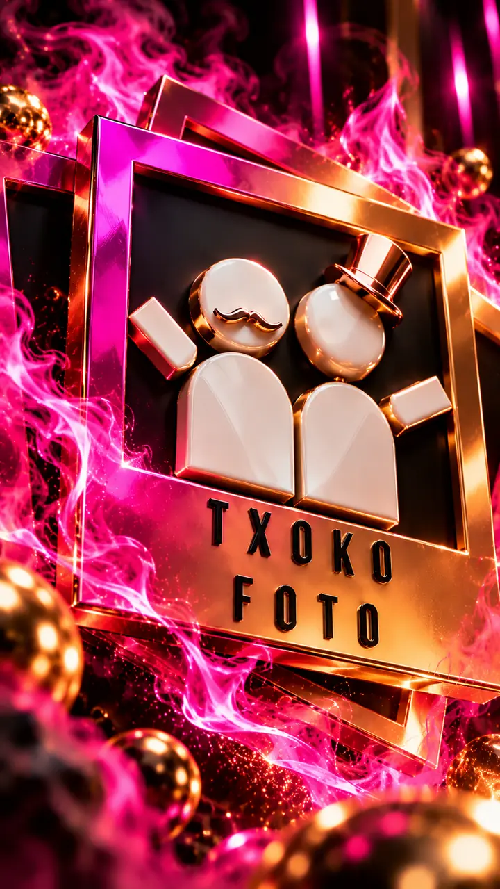 TxokoFoto logo illustration with gold photo frames and fuchsia effects 9