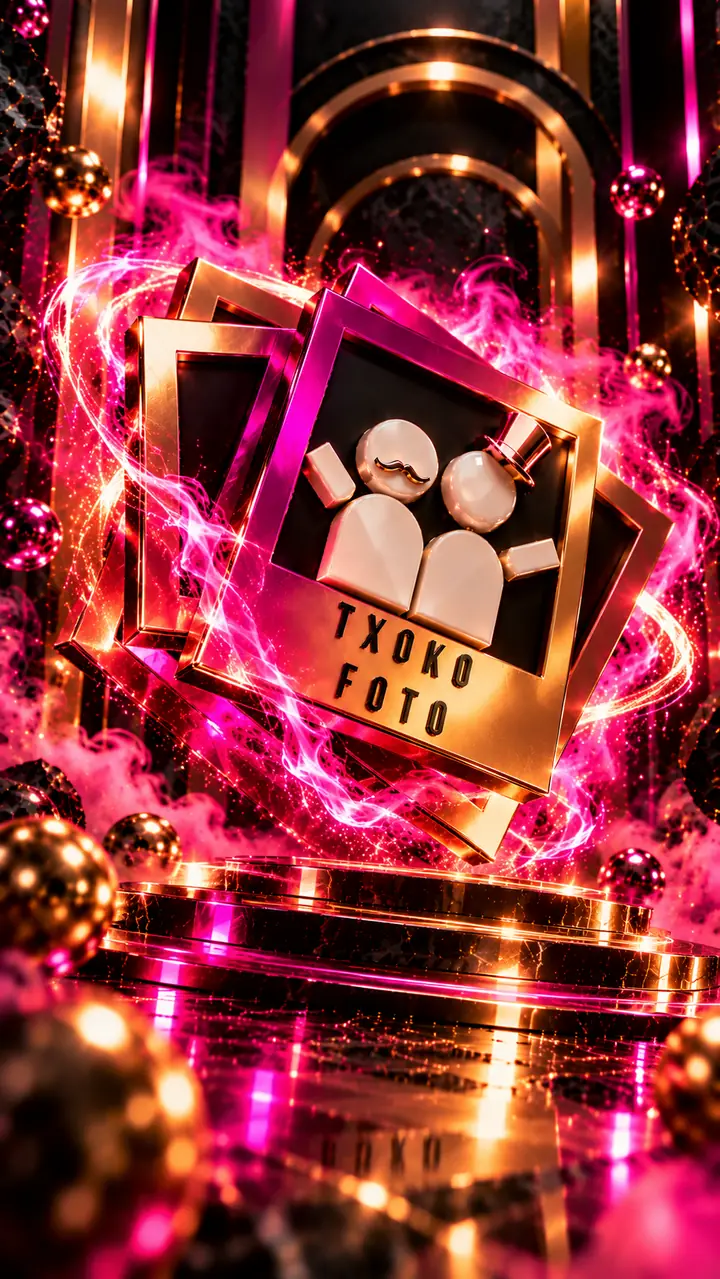 TxokoFoto logo illustration with gold photo frames and fuchsia effects 10