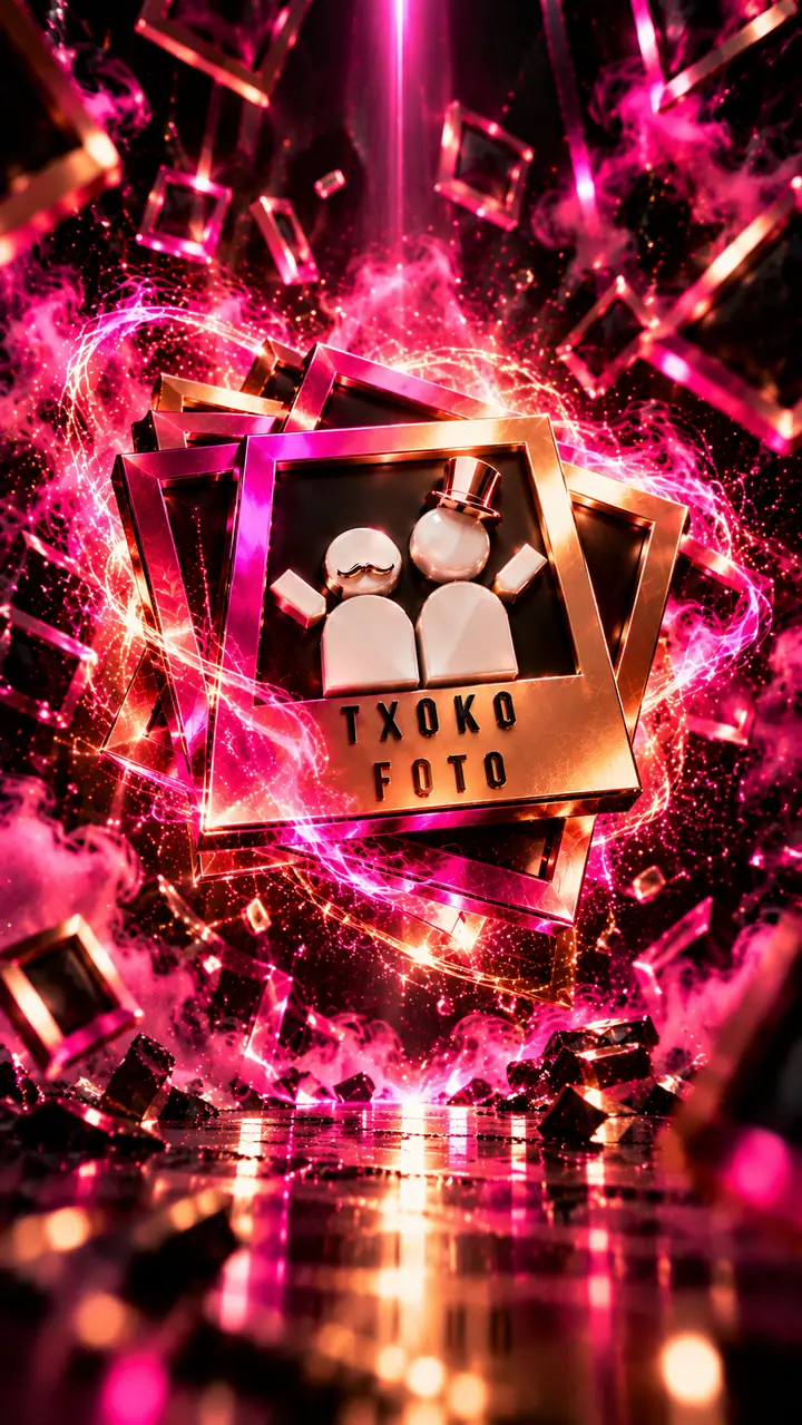 TxokoFoto logo illustration with gold photo frames and fuchsia effects 11