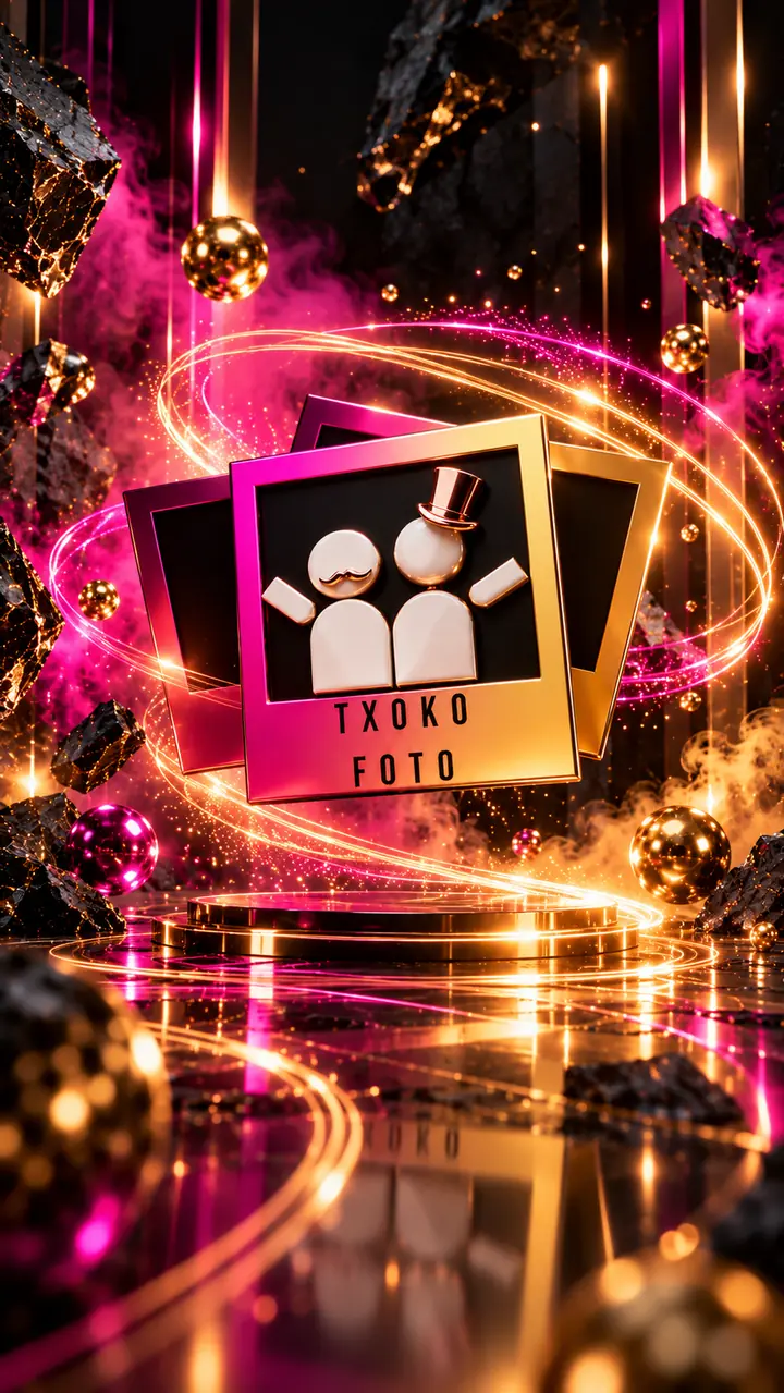 TxokoFoto logo illustration with gold photo frames and fuchsia effects 12